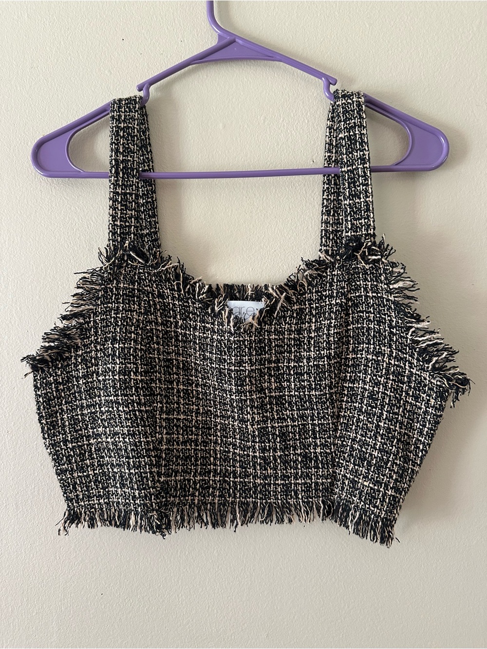 Anthropologie Mare Mare Cropped Tweed Fringe Top - Black, Tan & White, Sz S